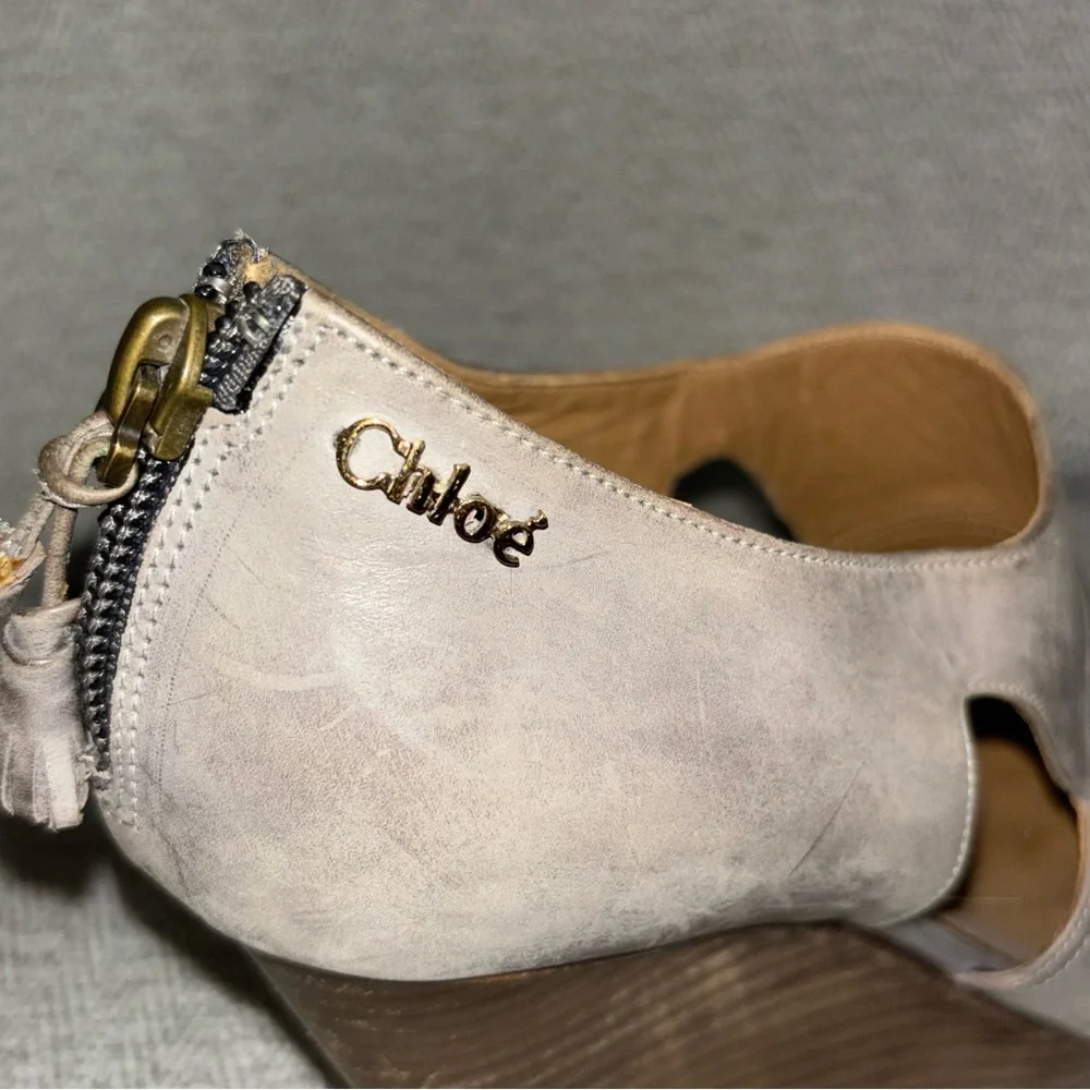Chloe gray nubuck leather peeptoe platform wedge shoes zipper back size 36.5 6.5